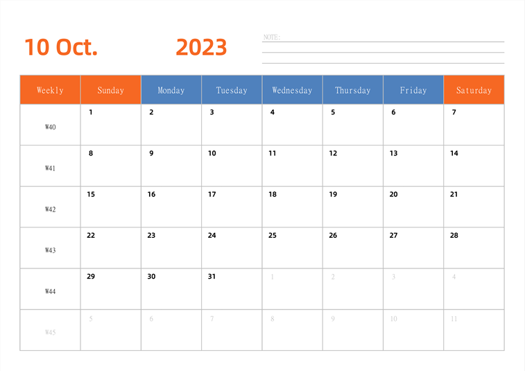 2023年日历台历 英文版 横向排版 带周数 周日开始